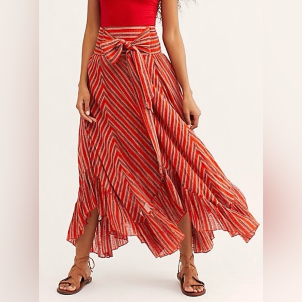 Free People Red Orange Striped Maxi Skirt